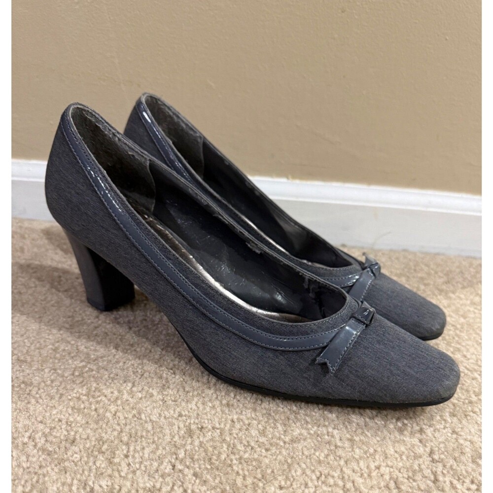 Naturalizer Block Heel Pumps Womens 9 Gray Fabric Patent Bow Comfort Dress Shoes